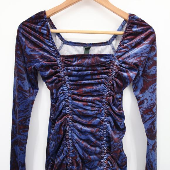 Wild Fable Dress Blue Purple Velvet Long Sleeve Ruched Square Neck Mini Size XS - Picture 2 of 10